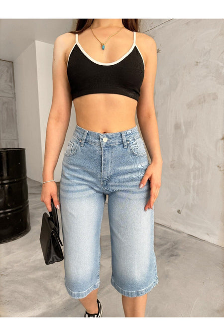 Kadın Yüksek Bel Diz Altı Baggy Bermuda Şort Denim mavi - MALLTURK