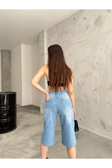Kadın Yüksek Bel Diz Altı Baggy Bermuda Şort Denim mavi - MALLTURK
