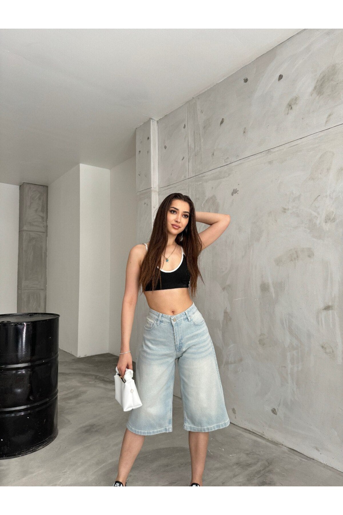 Kadın Yüksek Bel Diz Altı Baggy Bermuda Şort Denim Metalik - MALLTURK
