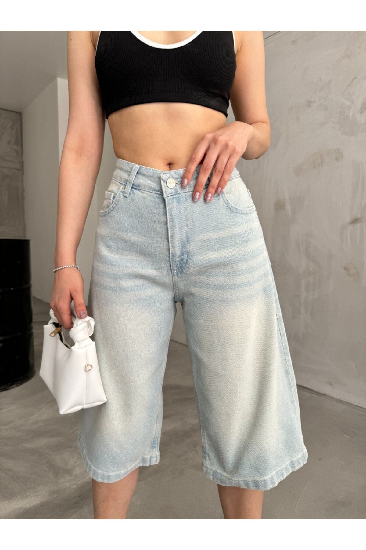 Kadın Yüksek Bel Diz Altı Baggy Bermuda Şort Denim Metalik - MALLTURK
