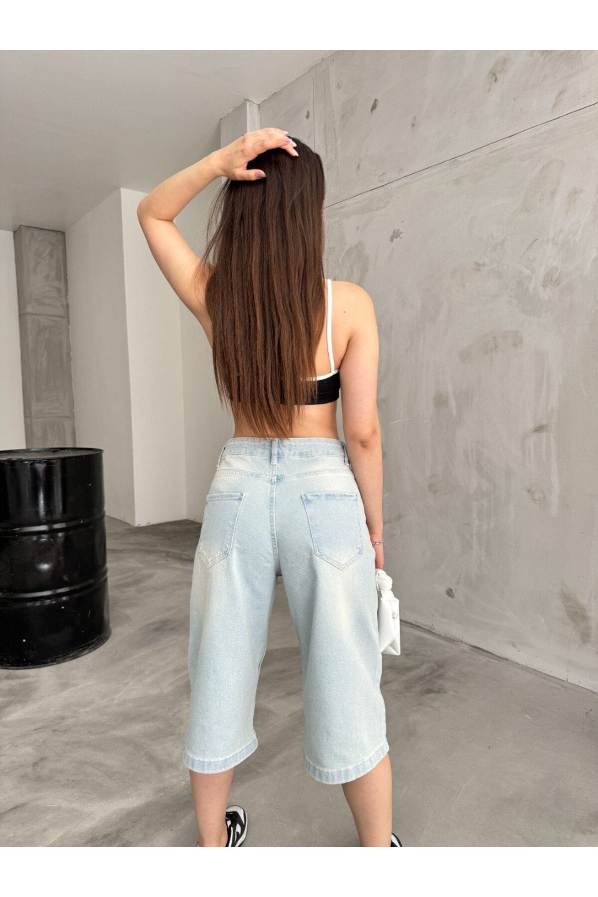Kadın Yüksek Bel Diz Altı Baggy Bermuda Şort Denim Metalik - MALLTURK