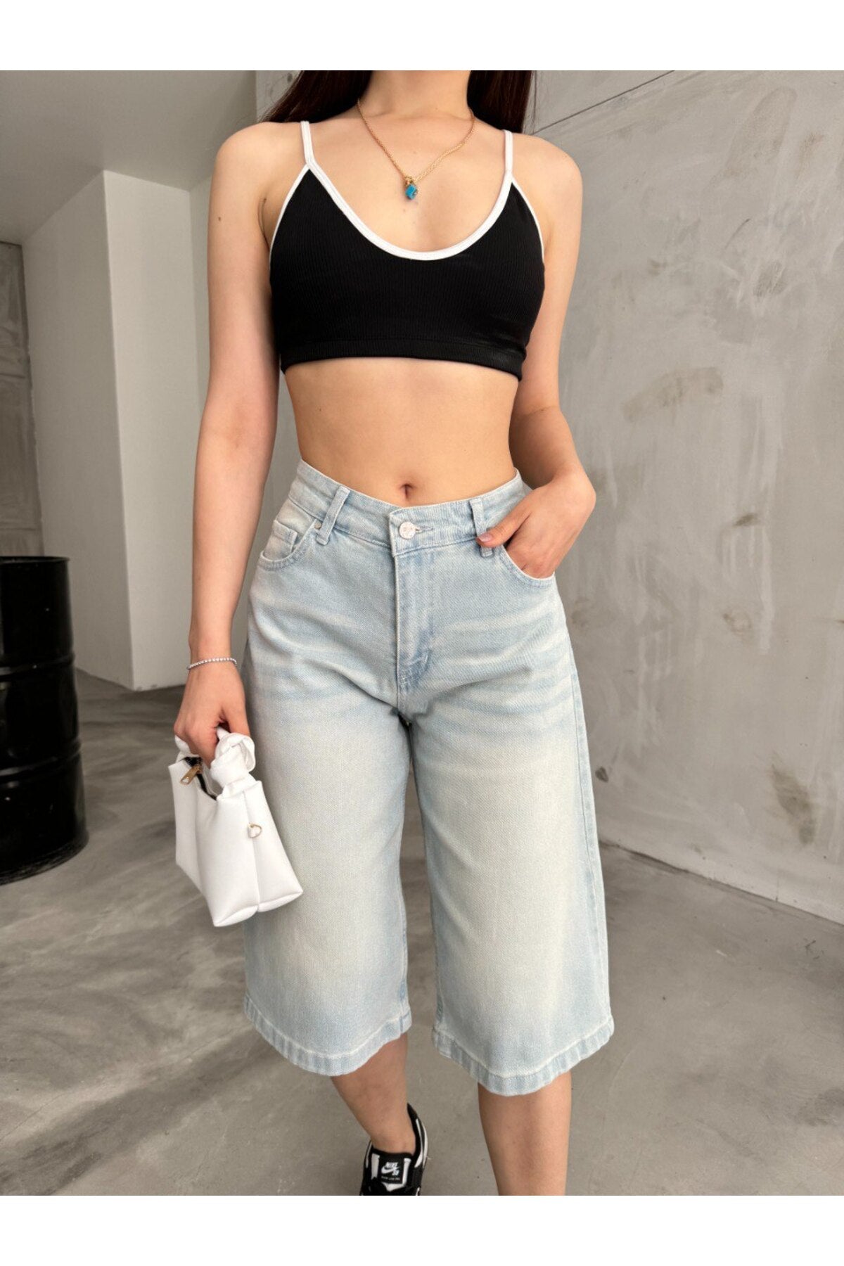 Kadın Yüksek Bel Diz Altı Baggy Bermuda Şort Denim Metalik - MALLTURK