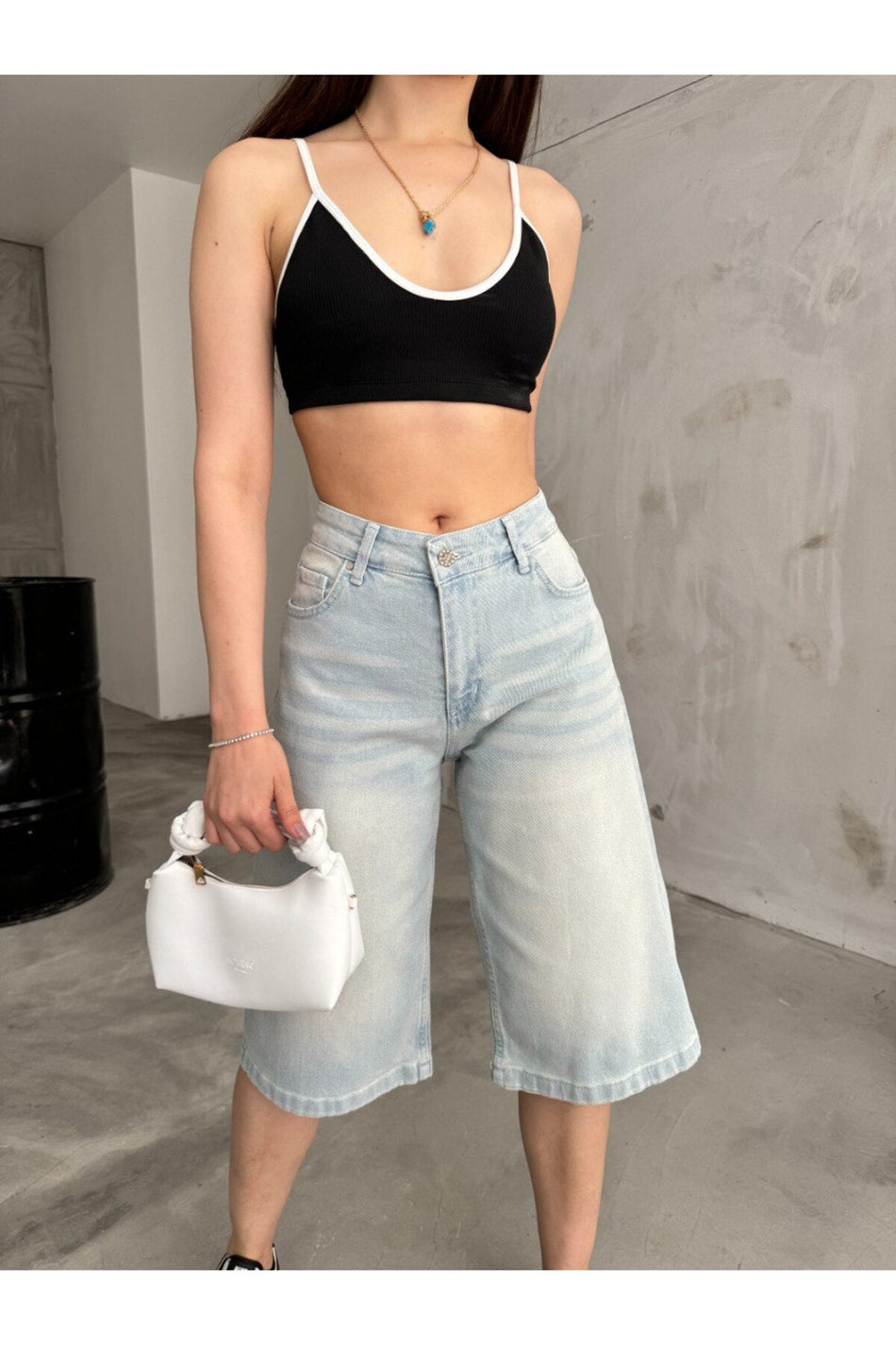 Kadın Yüksek Bel Diz Altı Baggy Bermuda Şort Denim Metalik - MALLTURK