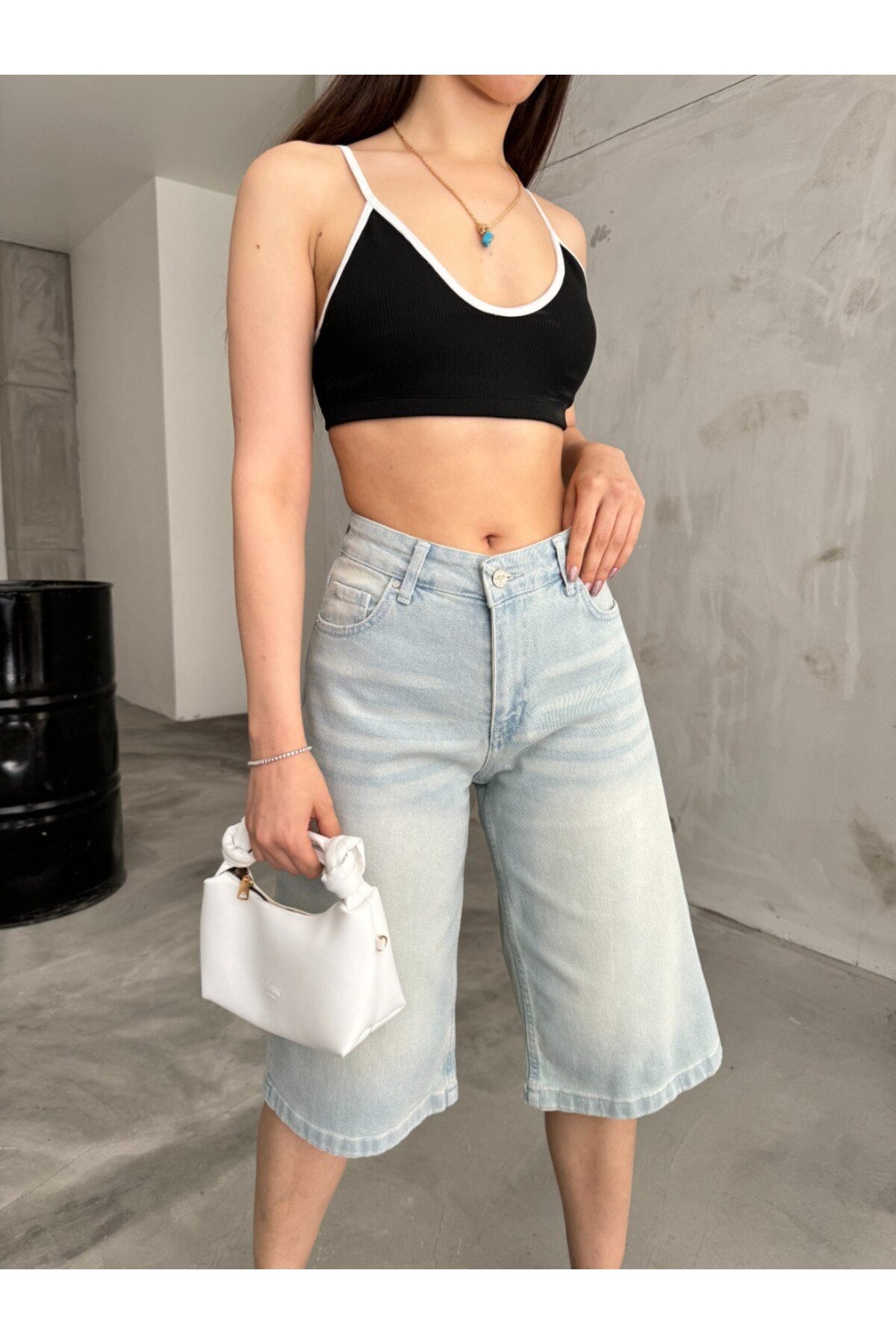 Kadın Yüksek Bel Diz Altı Baggy Bermuda Şort Denim Metalik - MALLTURK