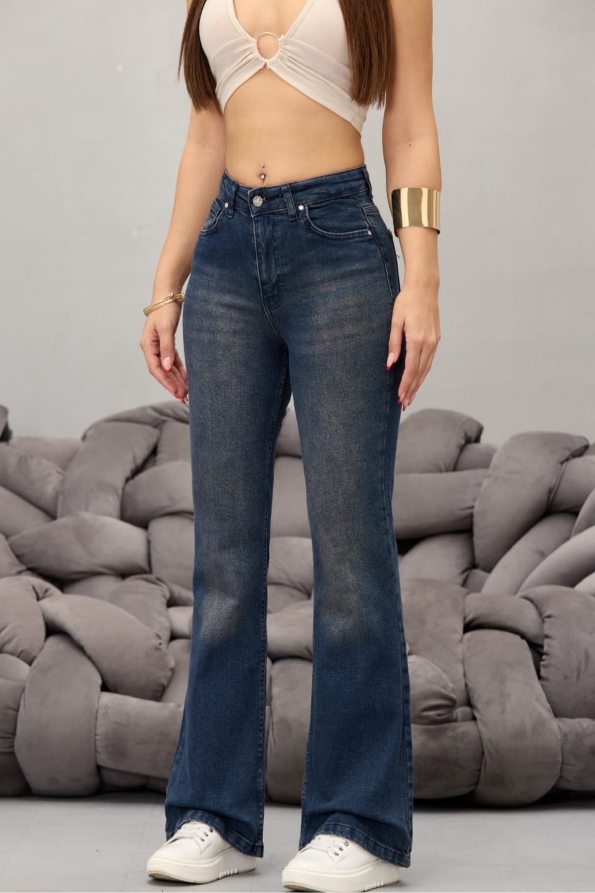 Kadın Yüksek Bel Esnek Ispanyol Paça Jeans koyu lacivert - MALLTURK