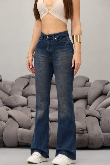 Kadın Yüksek Bel Esnek Ispanyol Paça Jeans koyu lacivert - MALLTURK