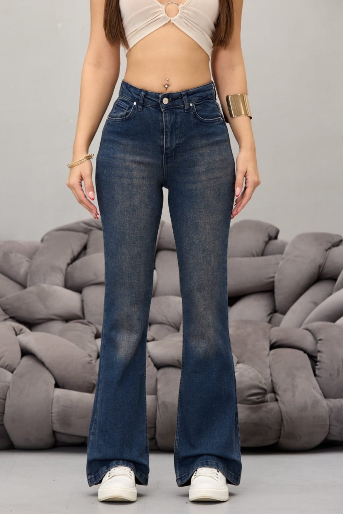 Kadın Yüksek Bel Esnek Ispanyol Paça Jeans koyu lacivert - MALLTURK