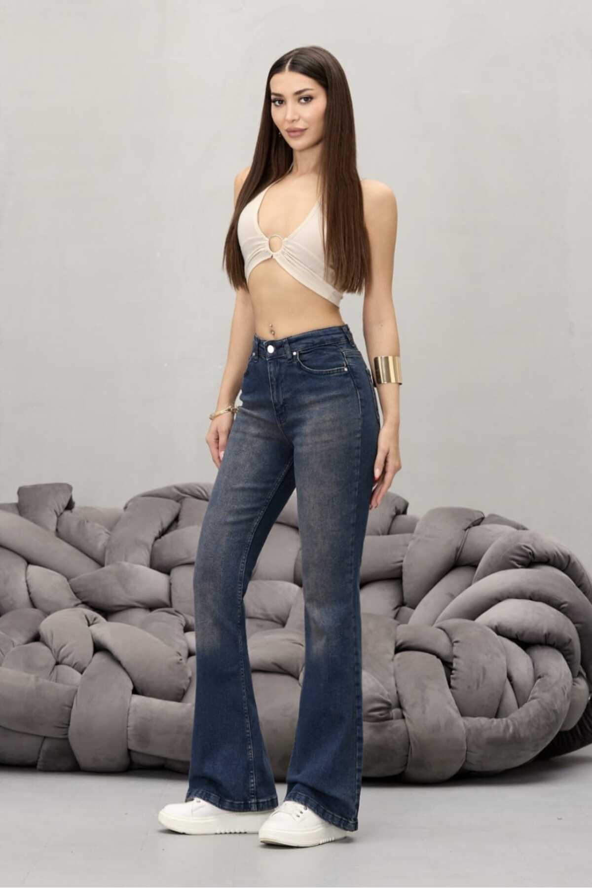 Kadın Yüksek Bel Esnek Ispanyol Paça Jeans koyu lacivert - MALLTURK