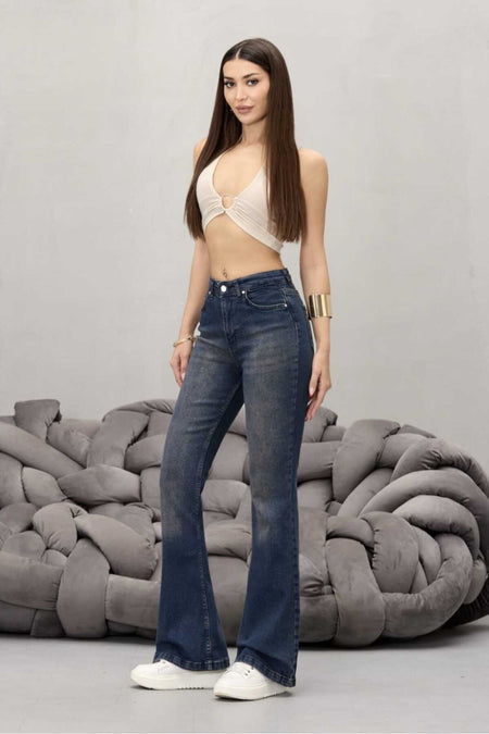 Kadın Yüksek Bel Esnek Ispanyol Paça Jeans koyu lacivert - MALLTURK