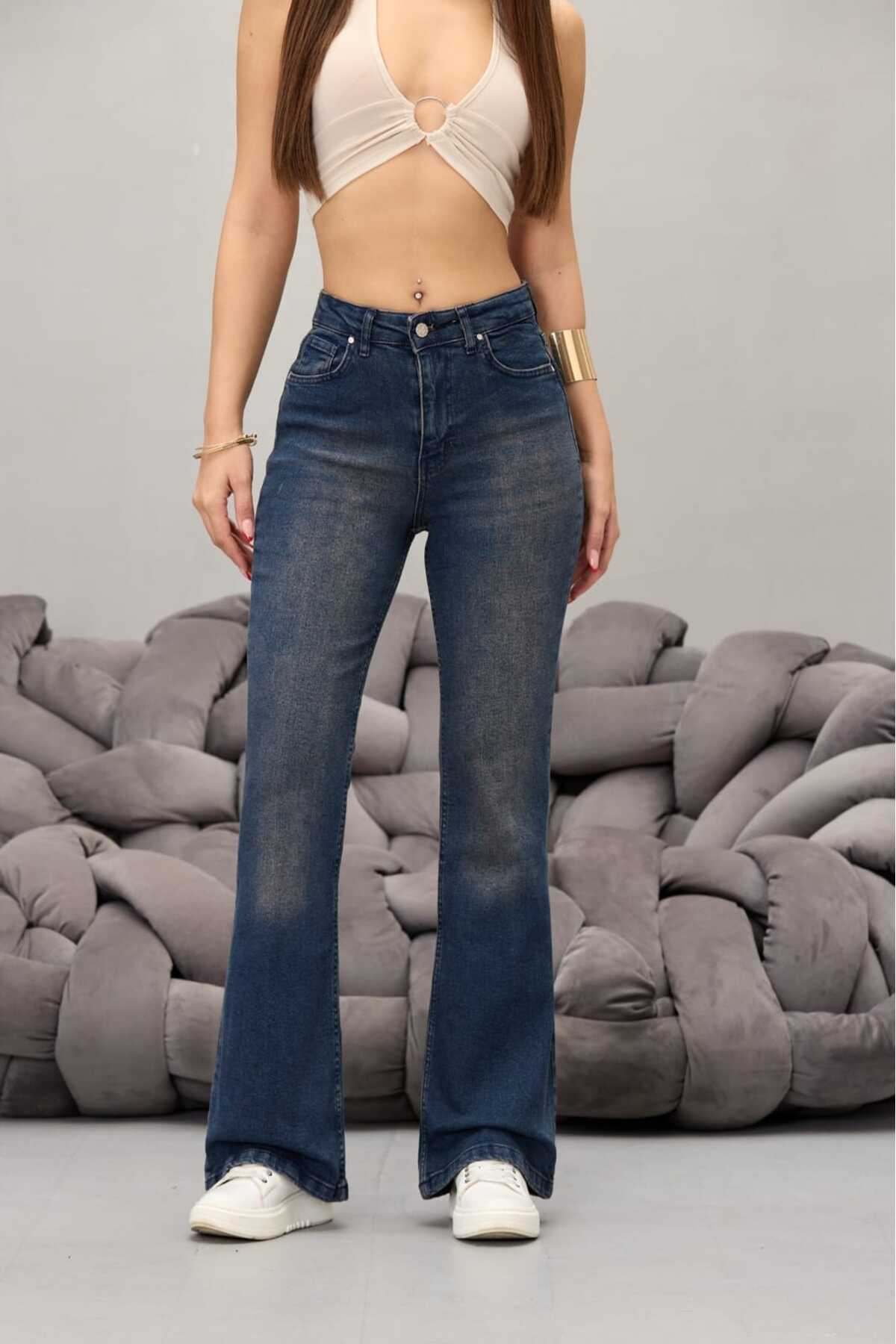 Kadın Yüksek Bel Esnek Ispanyol Paça Jeans koyu lacivert - MALLTURK
