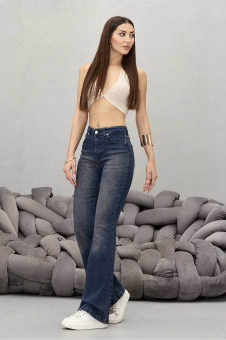 Kadın Yüksek Bel Esnek Ispanyol Paça Jeans koyu lacivert - MALLTURK