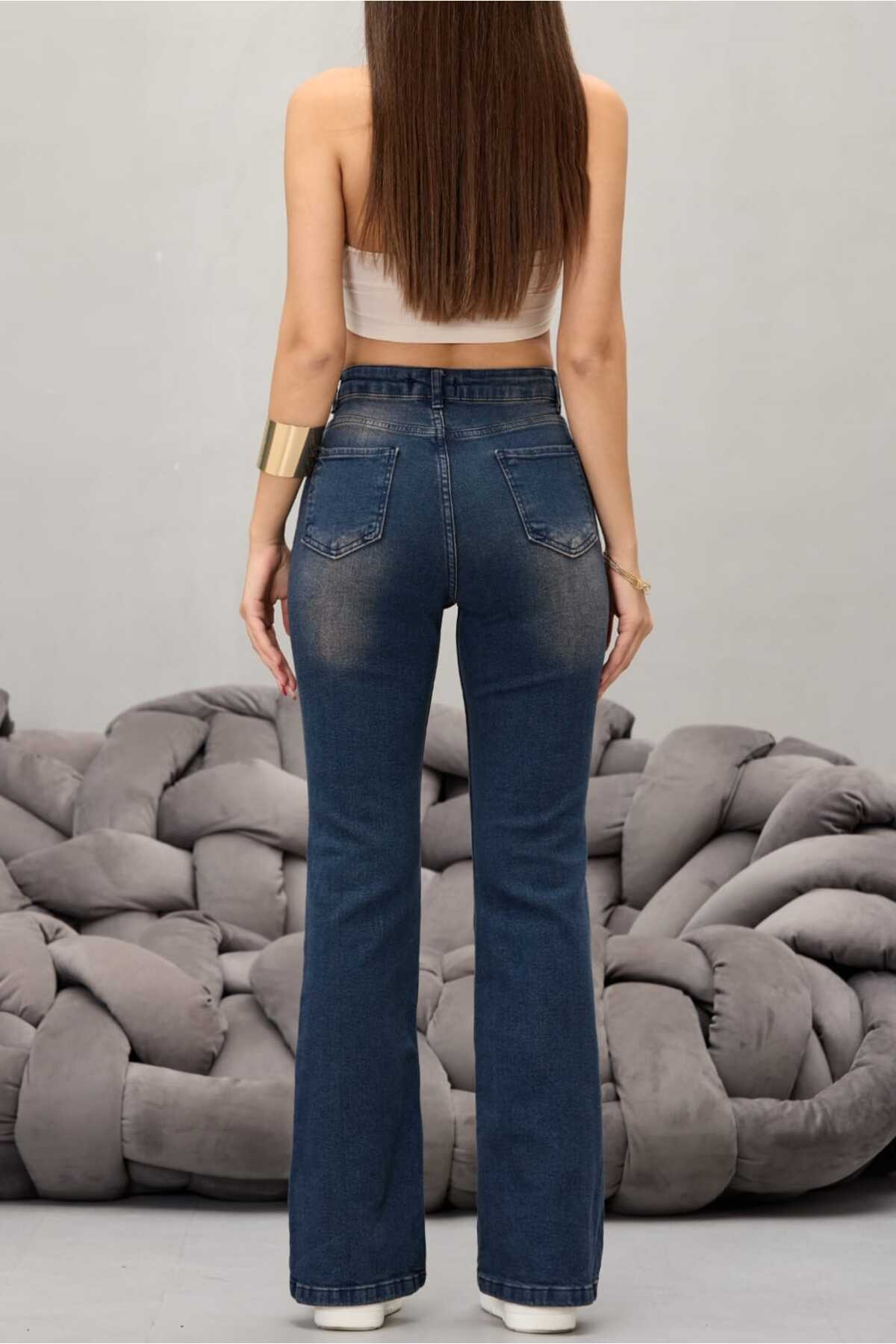 Kadın Yüksek Bel Esnek Ispanyol Paça Jeans koyu lacivert - MALLTURK