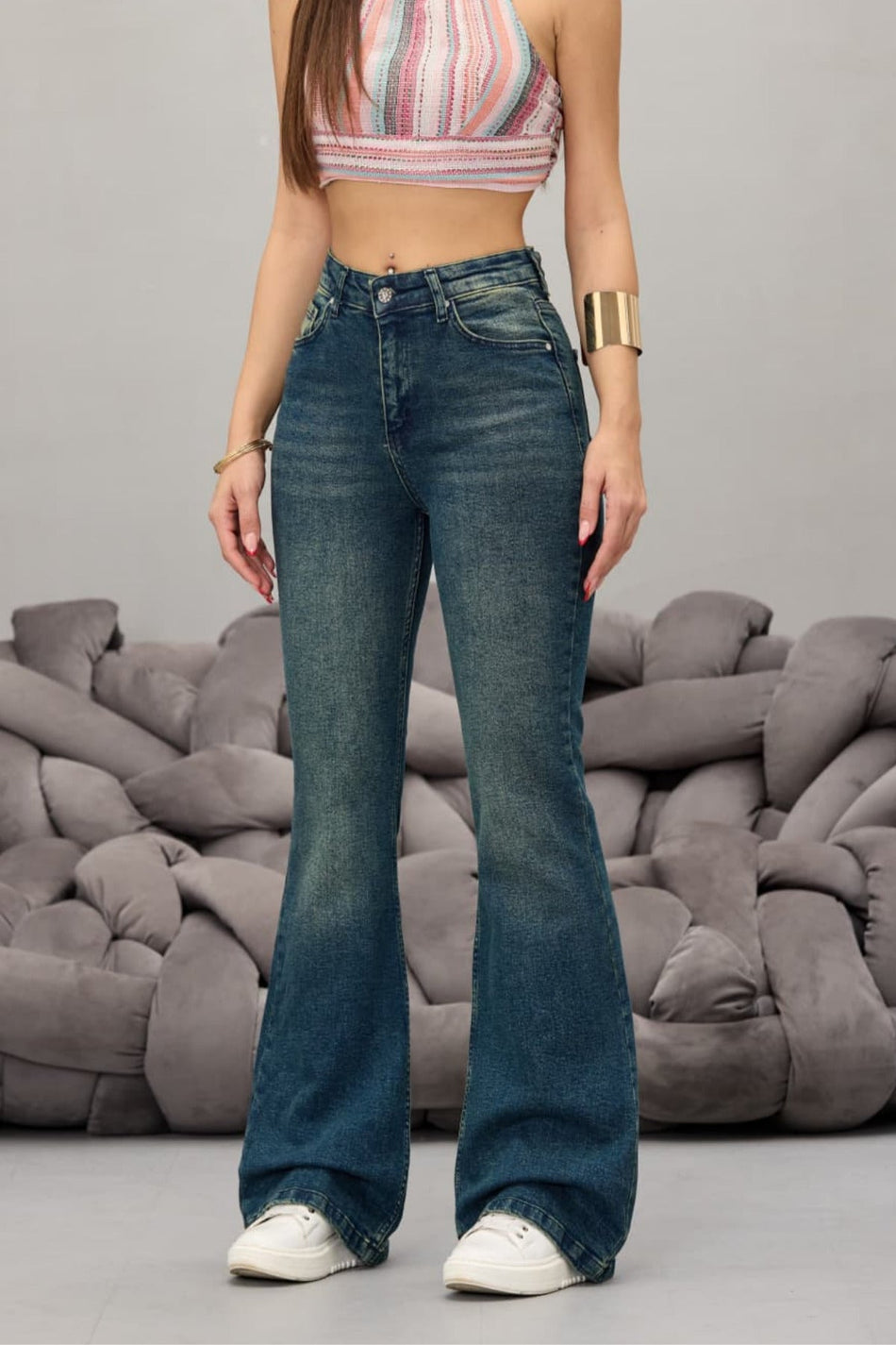Kadın Yüksek Bel Esnek Ispanyol Paça Jeans koyu mavi - MALLTURK