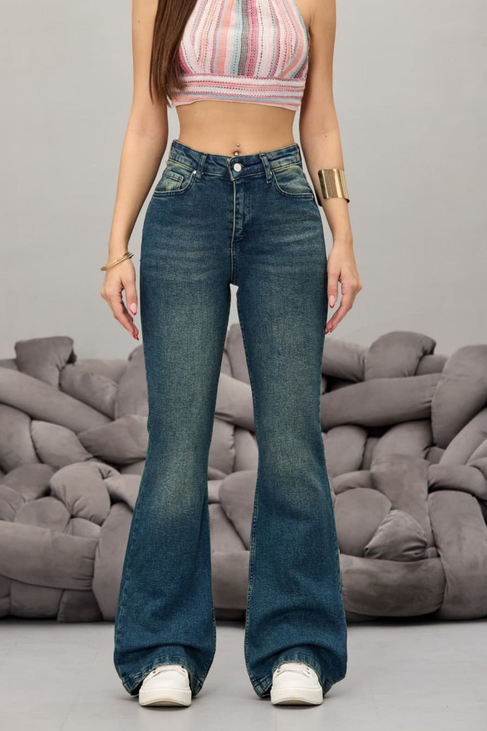 Kadın Yüksek Bel Esnek Ispanyol Paça Jeans koyu mavi - MALLTURK