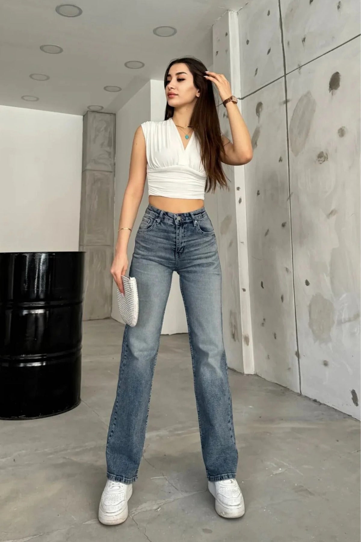 Kadın Yüksek bel Esnek Soluk Efektli Palazzo Jeans Gök Mavi - MALLTURK