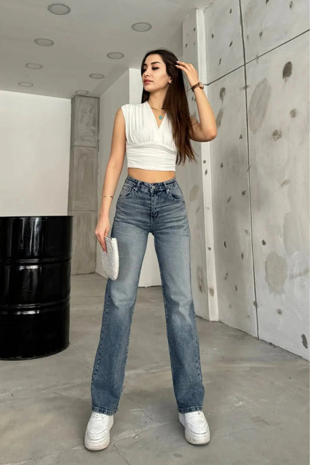 Kadın Yüksek bel Esnek Soluk Efektli Palazzo Jeans Gök Mavi - MALLTURK