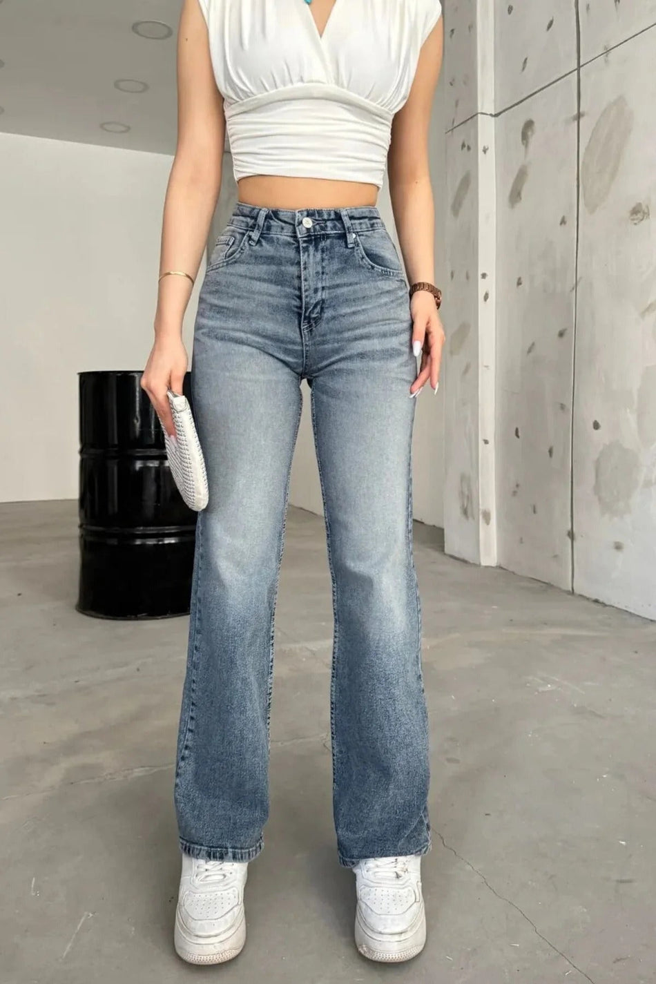 Kadın Yüksek bel Esnek Soluk Efektli Palazzo Jeans Gök Mavi - MALLTURK