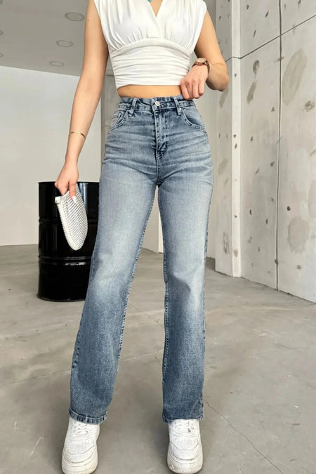 Kadın Yüksek bel Esnek Soluk Efektli Palazzo Jeans Gök Mavi - MALLTURK