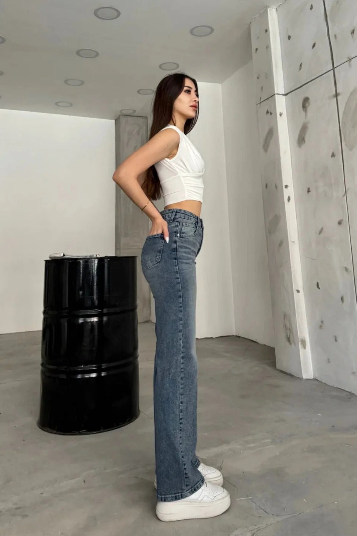 Kadın Yüksek bel Esnek Soluk Efektli Palazzo Jeans Gök Mavi - MALLTURK