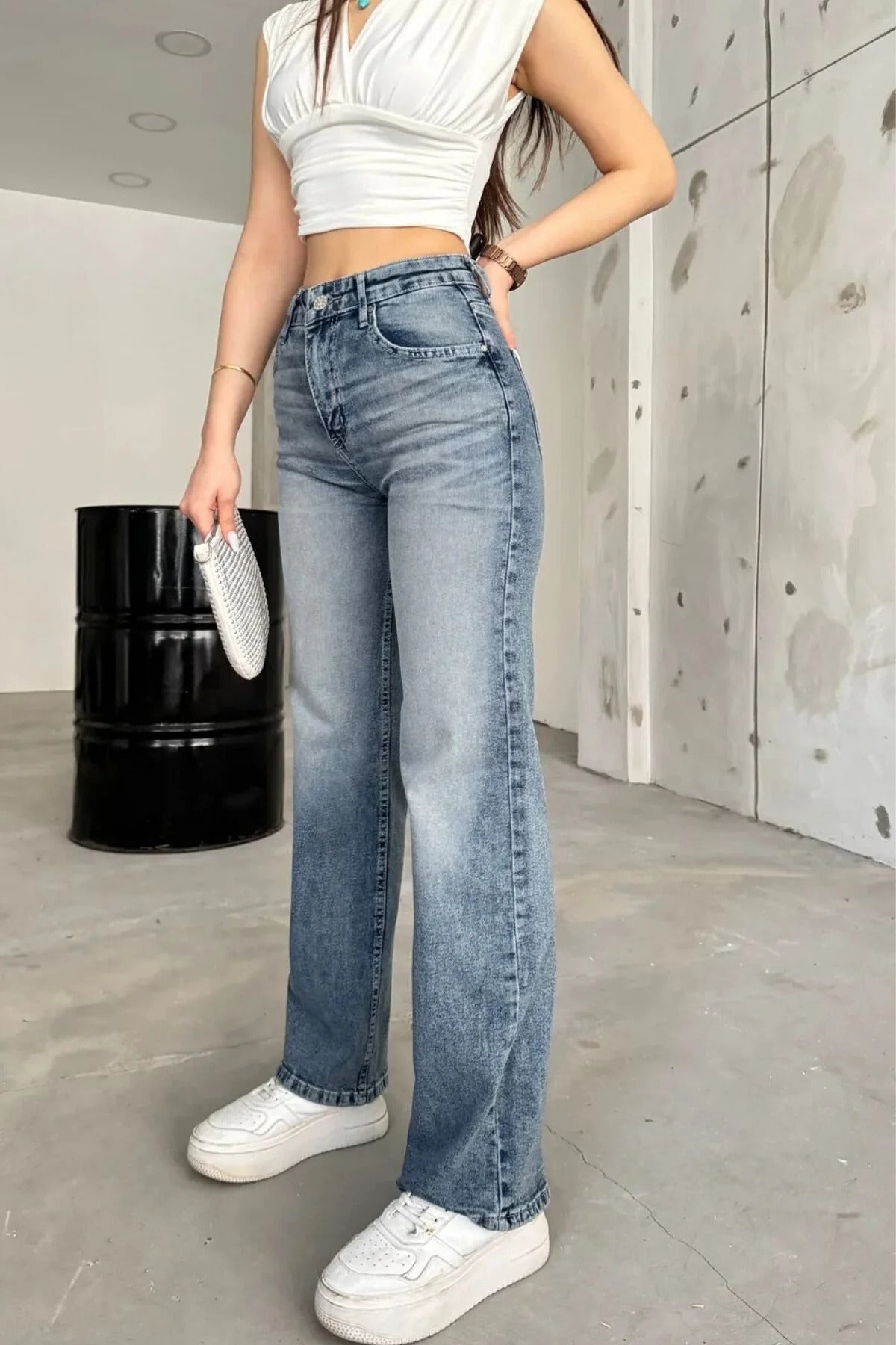 Kadın Yüksek bel Esnek Soluk Efektli Palazzo Jeans Gök Mavi - MALLTURK