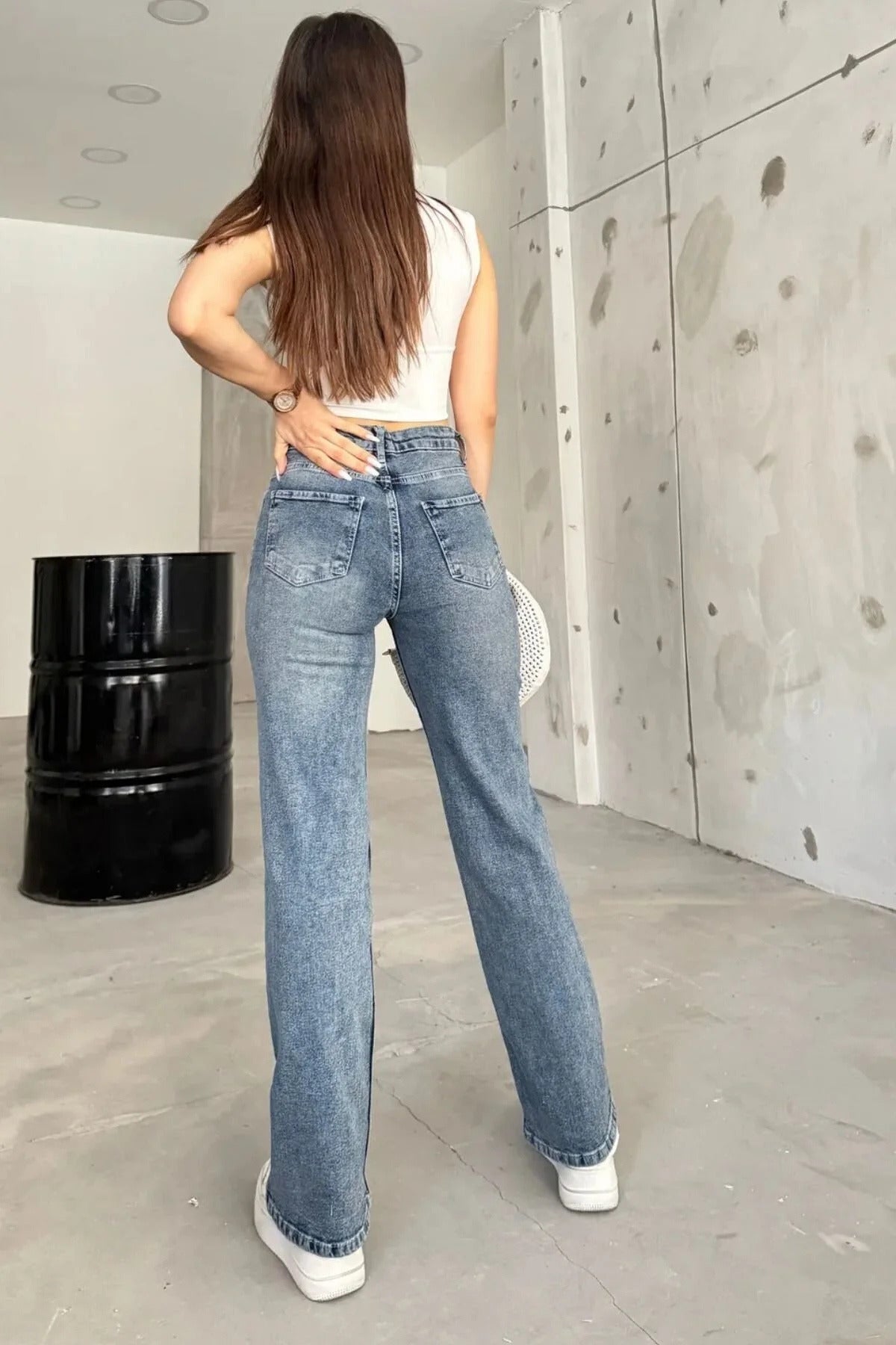 Kadın Yüksek bel Esnek Soluk Efektli Palazzo Jeans Gök Mavi - MALLTURK