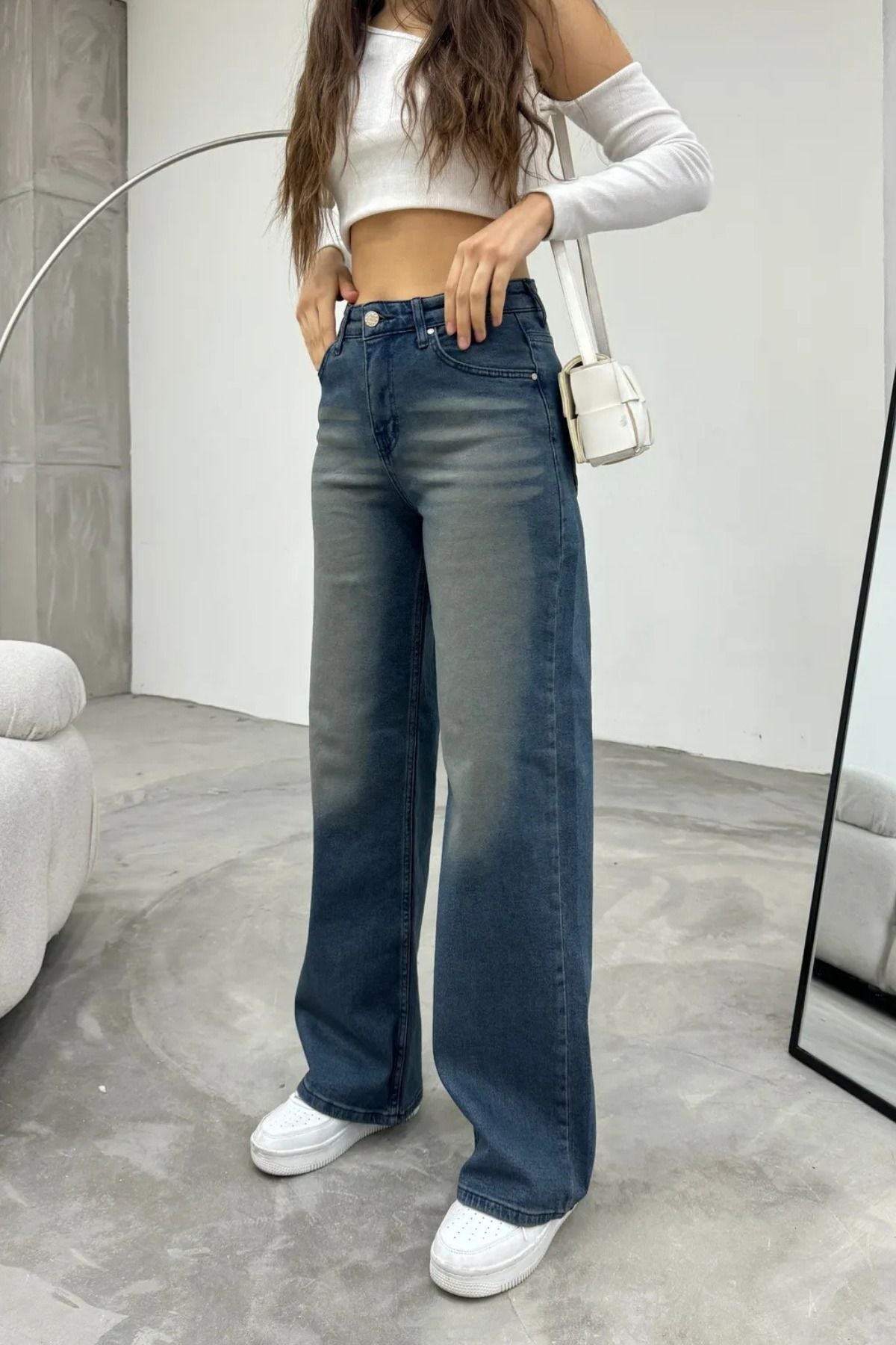 Kadın Yüksek bel Esnek Soluk Efektli Palazzo Jeans Lacivert - MALLTURK