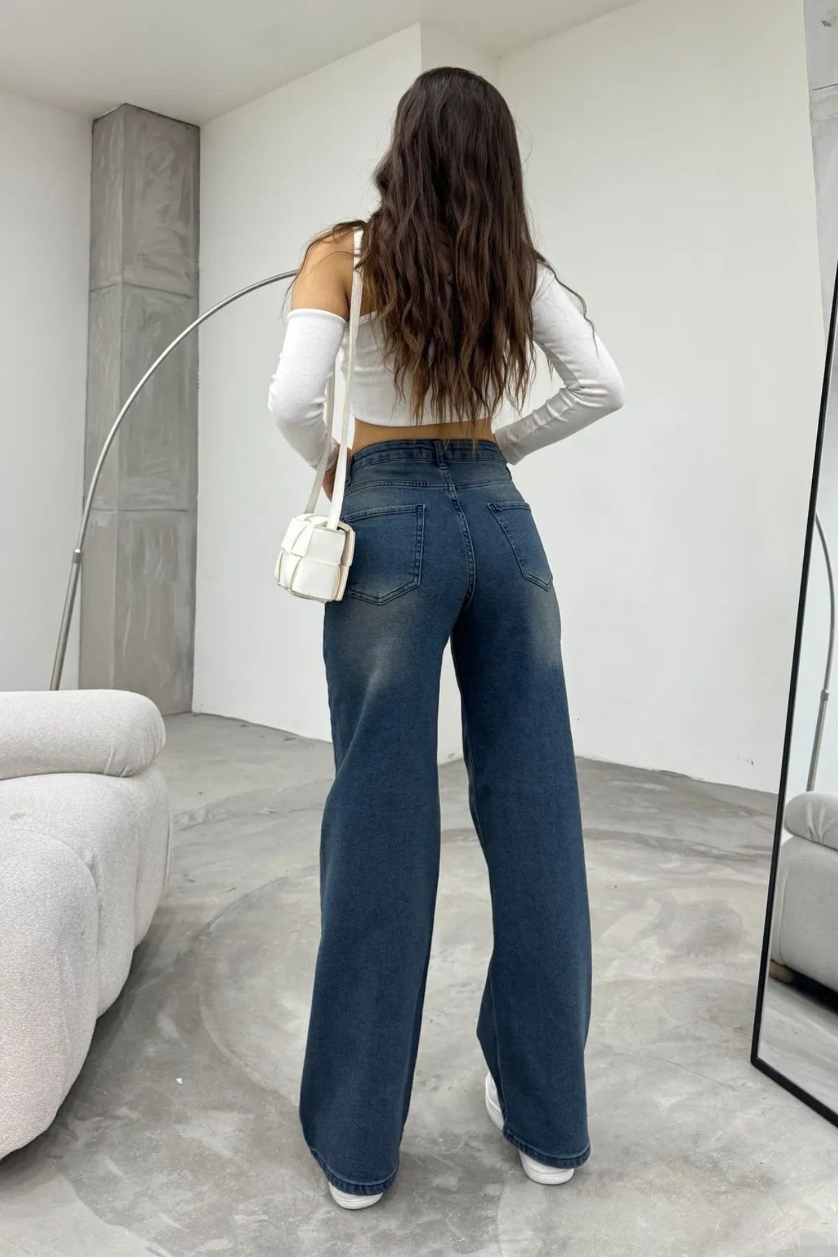 Kadın Yüksek bel Esnek Soluk Efektli Palazzo Jeans Lacivert - MALLTURK