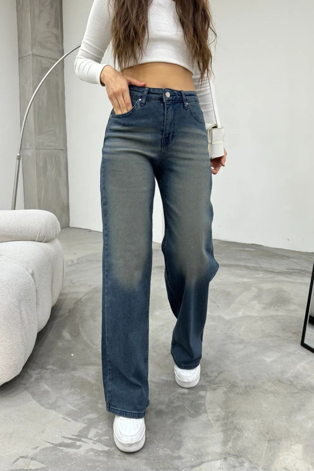Kadın Yüksek bel Esnek Soluk Efektli Palazzo Jeans Lacivert - MALLTURK