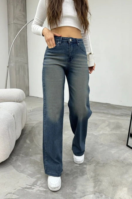 Kadın Yüksek bel Esnek Soluk Efektli Palazzo Jeans Lacivert - MALLTURK