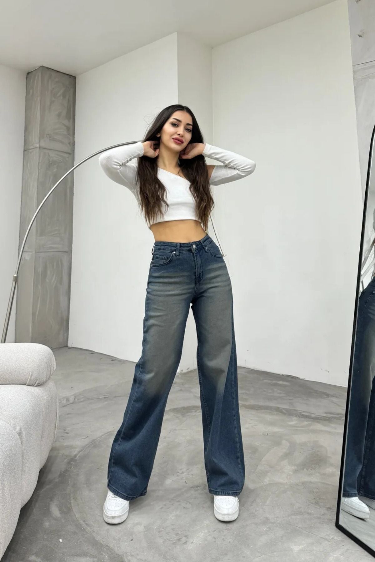 Kadın Yüksek bel Esnek Soluk Efektli Palazzo Jeans Lacivert - MALLTURK