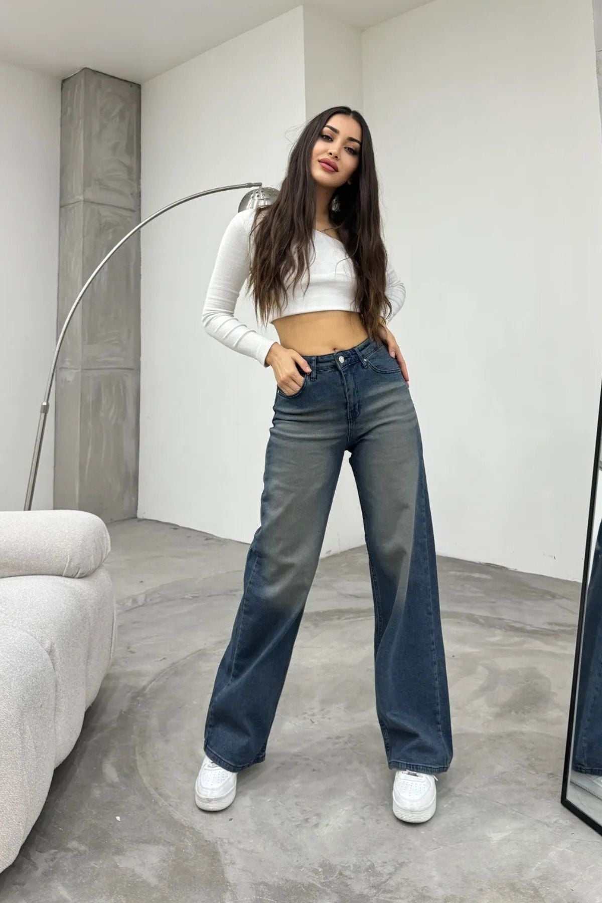 Kadın Yüksek bel Esnek Soluk Efektli Palazzo Jeans Lacivert - MALLTURK