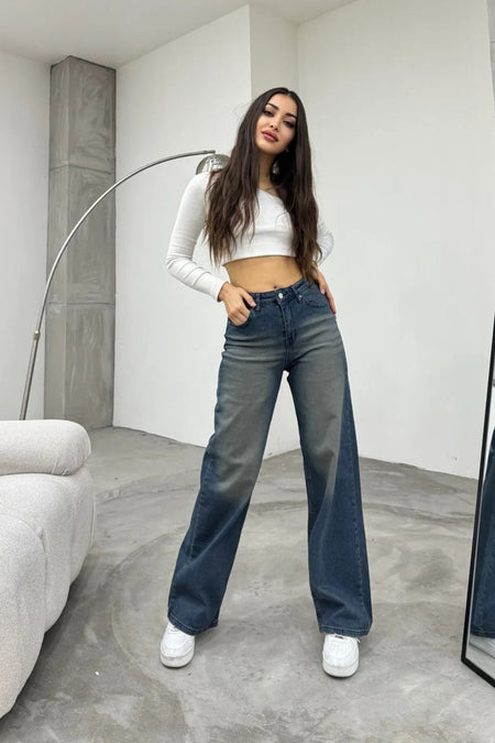 Kadın Yüksek bel Esnek Soluk Efektli Palazzo Jeans Lacivert - MALLTURK