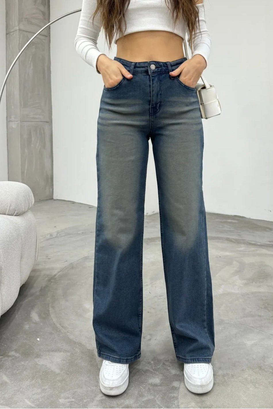 Kadın Yüksek bel Esnek Soluk Efektli Palazzo Jeans Lacivert - MALLTURK