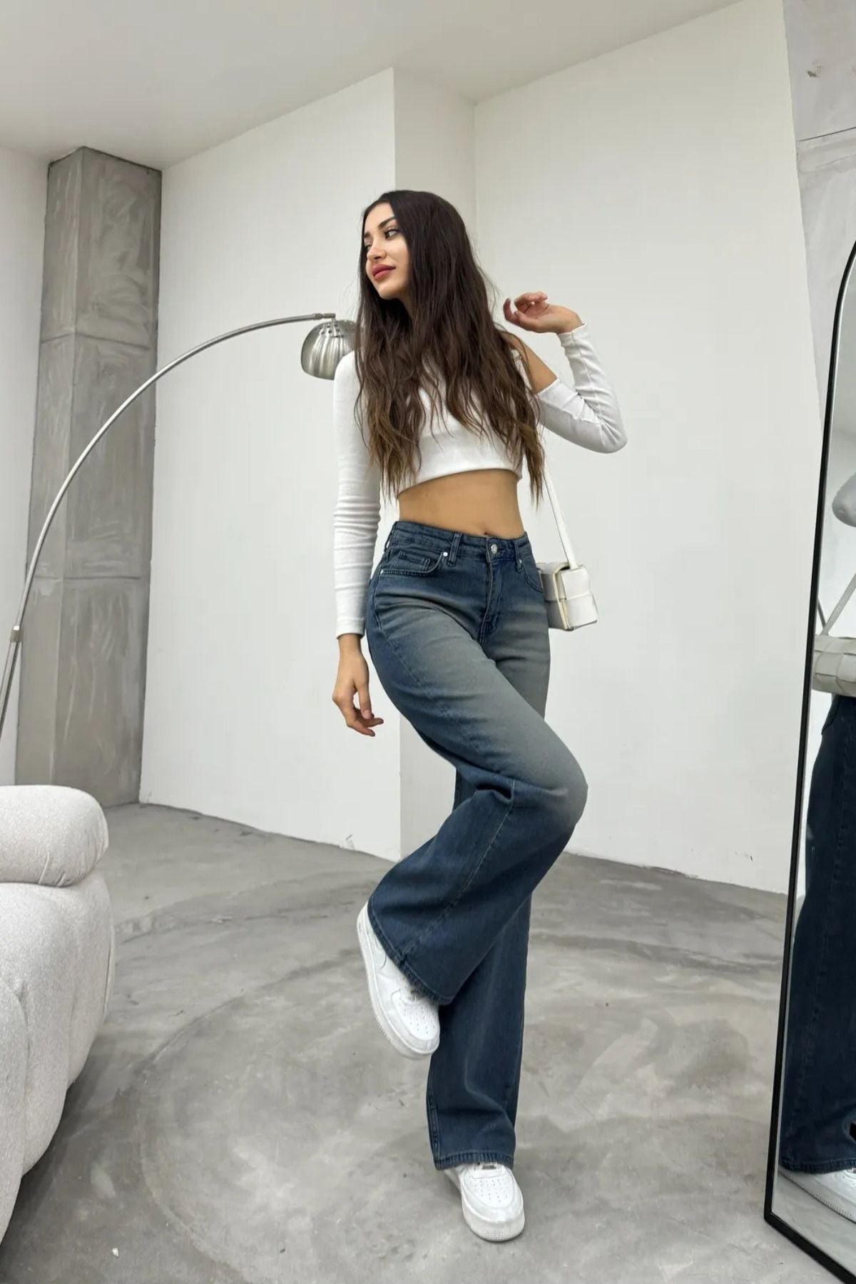 Kadın Yüksek bel Esnek Soluk Efektli Palazzo Jeans Lacivert - MALLTURK
