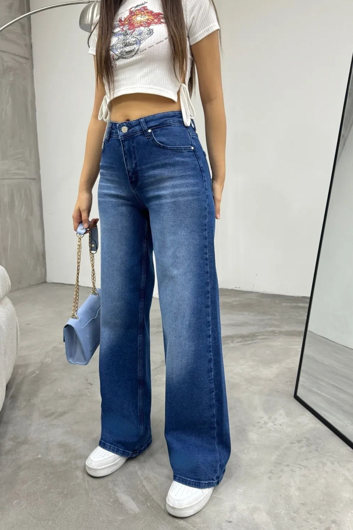 Kadın Yüksek bel Esnek Soluk Efektli Palazzo Jeans Mavi - MALLTURK