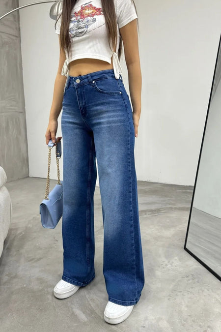 Kadın Yüksek bel Esnek Soluk Efektli Palazzo Jeans Mavi - MALLTURK