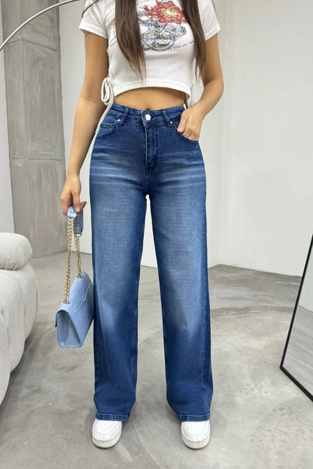 Kadın Yüksek bel Esnek Soluk Efektli Palazzo Jeans Mavi - MALLTURK