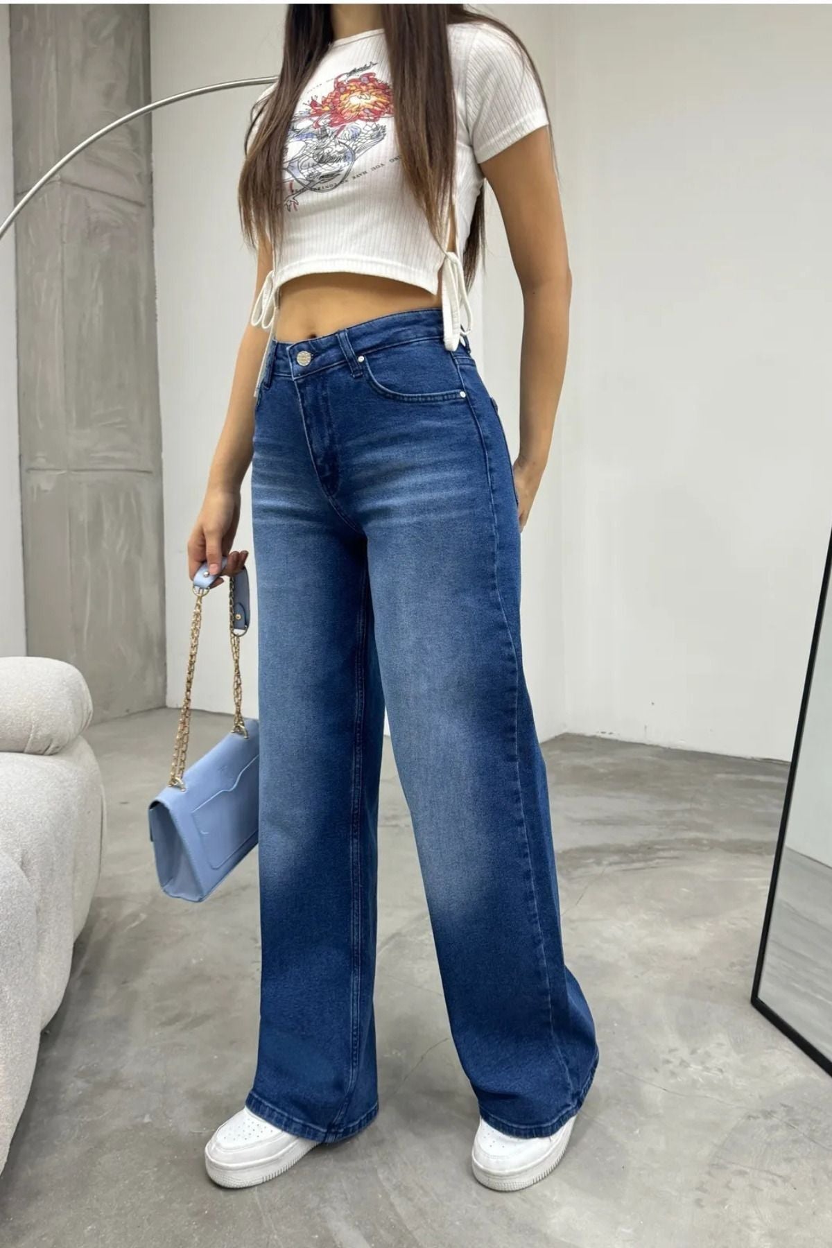 Kadın Yüksek bel Esnek Soluk Efektli Palazzo Jeans Mavi - MALLTURK