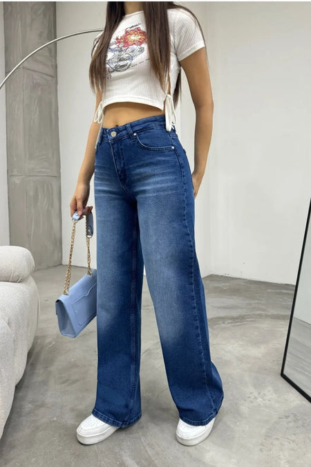 Kadın Yüksek bel Esnek Soluk Efektli Palazzo Jeans Mavi - MALLTURK
