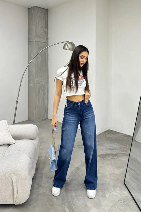 Kadın Yüksek bel Esnek Soluk Efektli Palazzo Jeans Mavi - MALLTURK