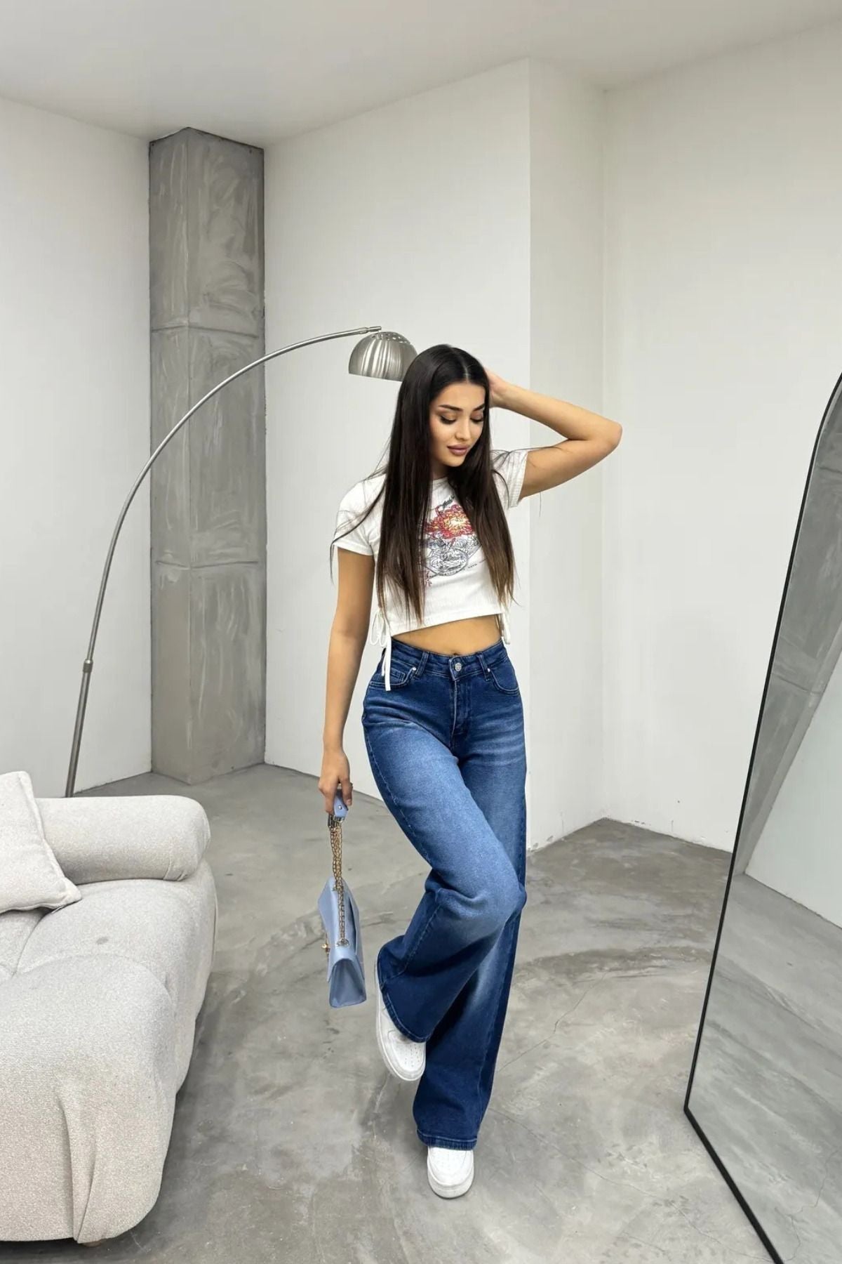 Kadın Yüksek bel Esnek Soluk Efektli Palazzo Jeans Mavi - MALLTURK