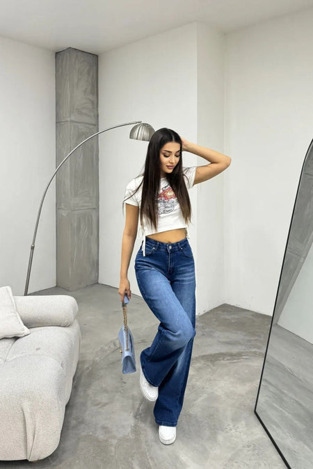 Kadın Yüksek bel Esnek Soluk Efektli Palazzo Jeans Mavi - MALLTURK