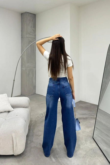 Kadın Yüksek bel Esnek Soluk Efektli Palazzo Jeans Mavi - MALLTURK