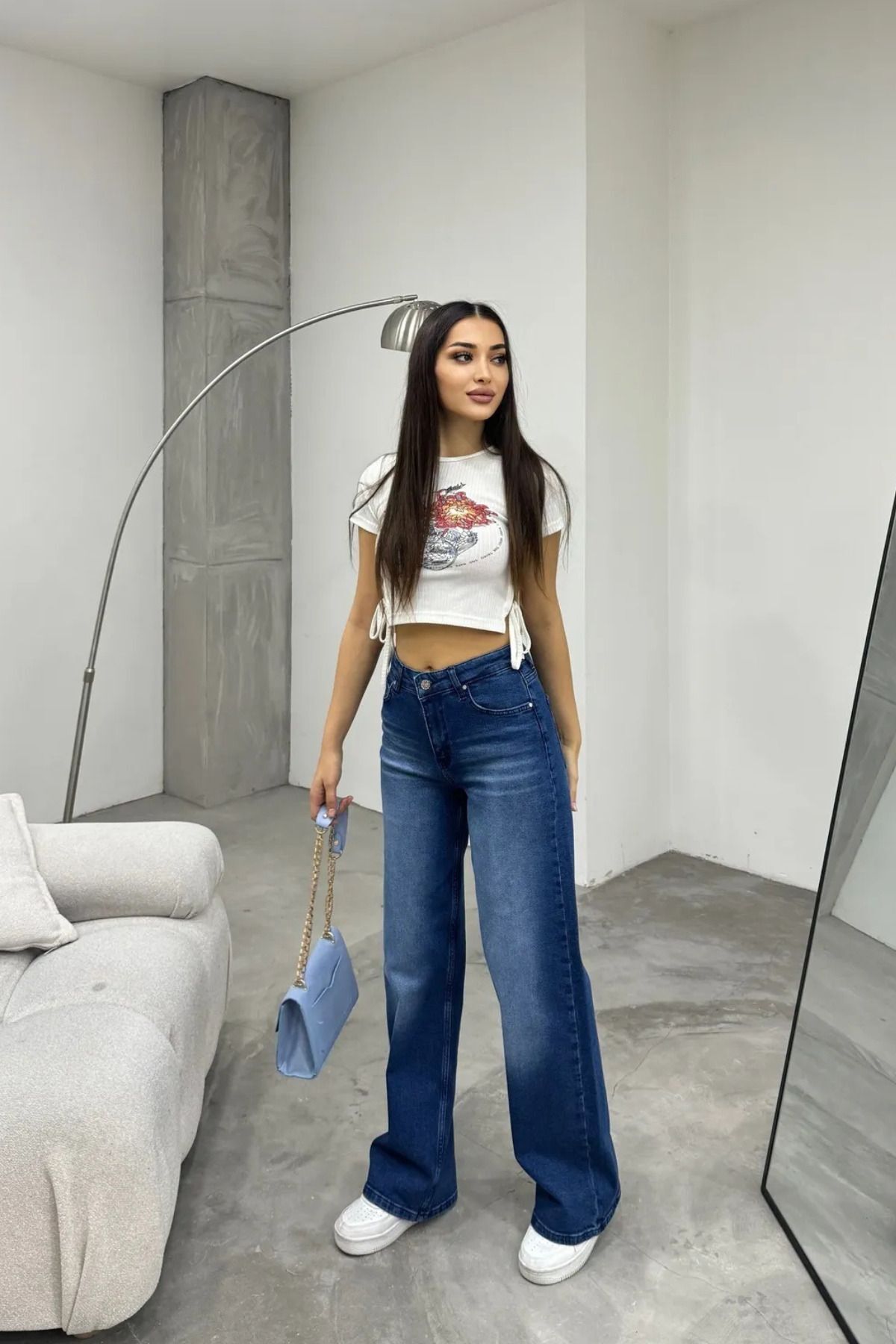 Kadın Yüksek bel Esnek Soluk Efektli Palazzo Jeans Mavi - MALLTURK