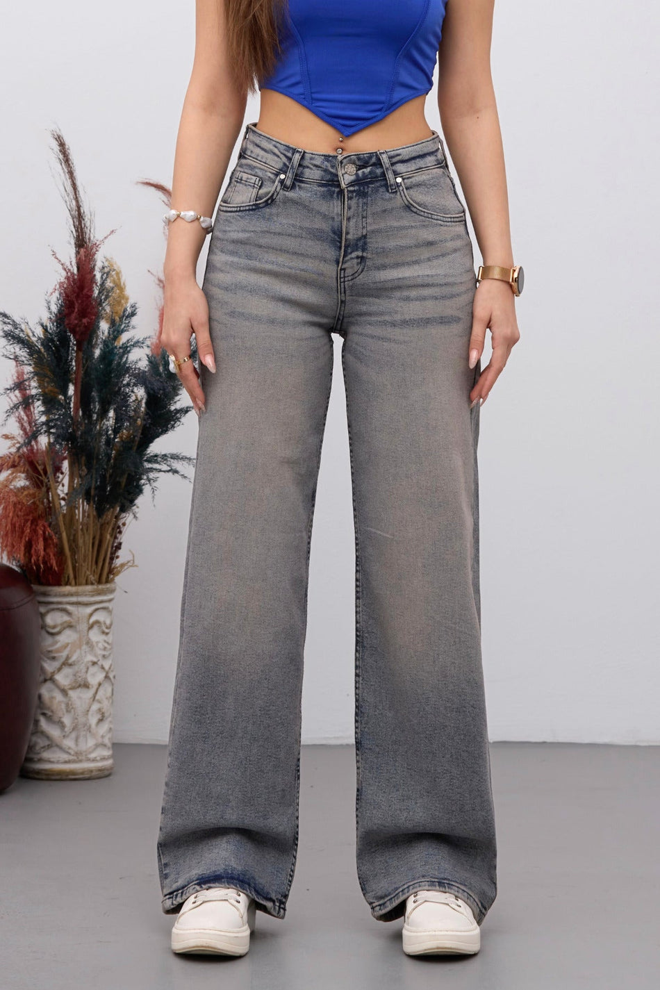 Kadın Yüksek Bel Esnek Soluk Efektli Vintage Geniş Paça Wide Leg Rahat Jean gök mavi - MALLTURK