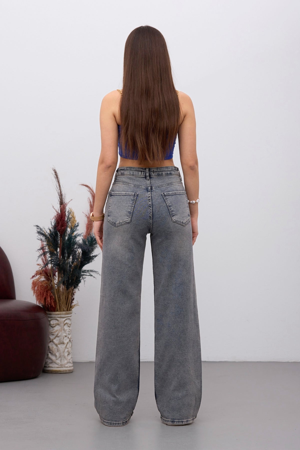 Kadın Yüksek Bel Esnek Soluk Efektli Vintage Geniş Paça Wide Leg Rahat Jean gök mavi - MALLTURK