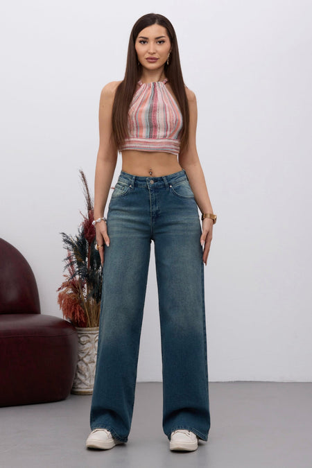 Kadın Yüksek Bel Esnek Soluk Efektli Vintage Geniş Paça Wide Leg Rahat Jean koyu Mavi - MALLTURK