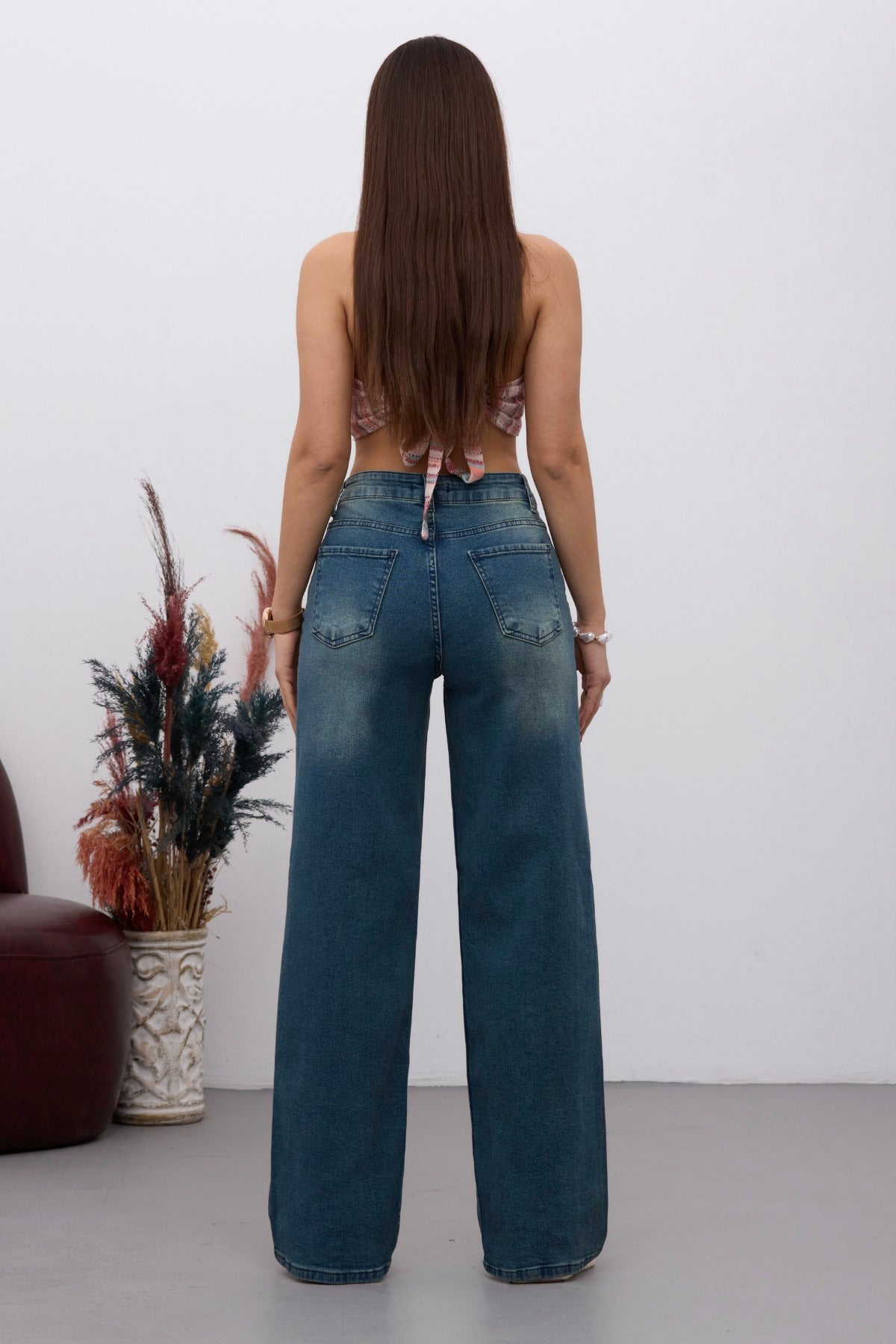 Kadın Yüksek Bel Esnek Soluk Efektli Vintage Geniş Paça Wide Leg Rahat Jean koyu Mavi - MALLTURK
