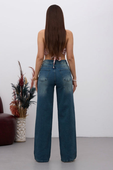 Kadın Yüksek Bel Esnek Soluk Efektli Vintage Geniş Paça Wide Leg Rahat Jean koyu Mavi - MALLTURK