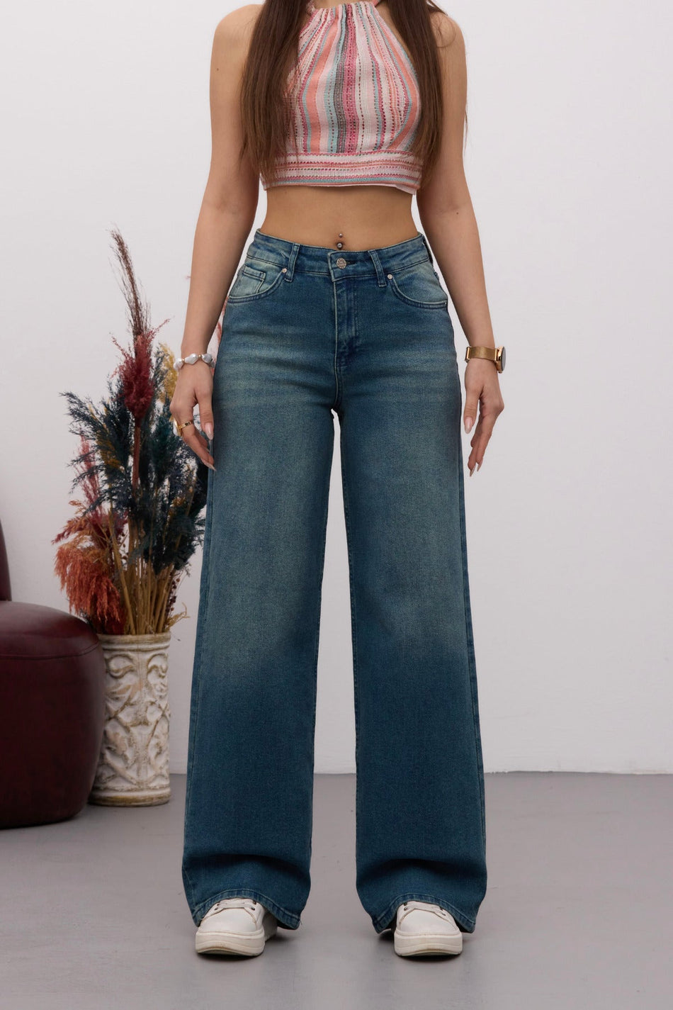 Kadın Yüksek Bel Esnek Soluk Efektli Vintage Geniş Paça Wide Leg Rahat Jean koyu Mavi - MALLTURK